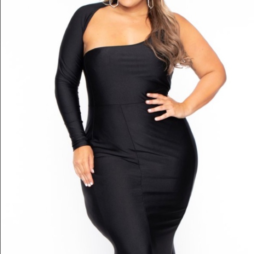 Curvy Sense spandex one shoulder gown in black - Picture 2 of 7